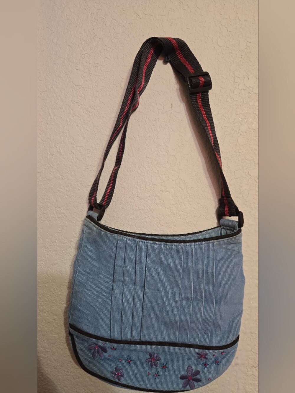 Blue Corduroy Crossbody Bag with Adjustable Strap